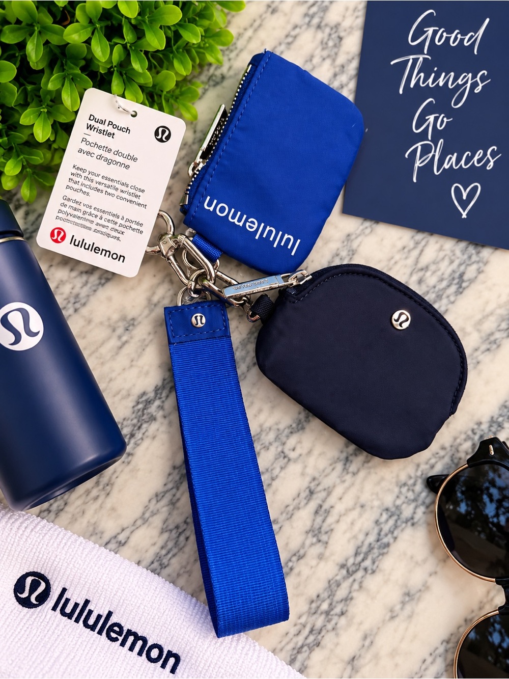 Lululemon Dual Pouch Wristlet  Blue Gold Hardware NWT